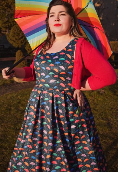 Amanda Dark Blue Umbrella Print Stretchy Dress – Shop now at Kitty Darling