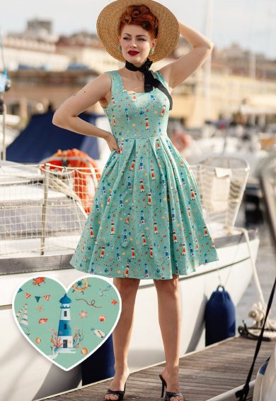 Amanda Scoop Neck Swing Dress in Nautical Print – Shop now at Kitty Darling
