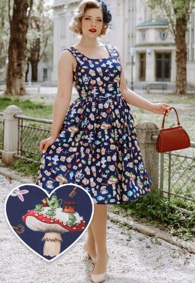 Amanda Swing Dress in Navy Blue Wonderland Print – Shop now at Kitty Darling