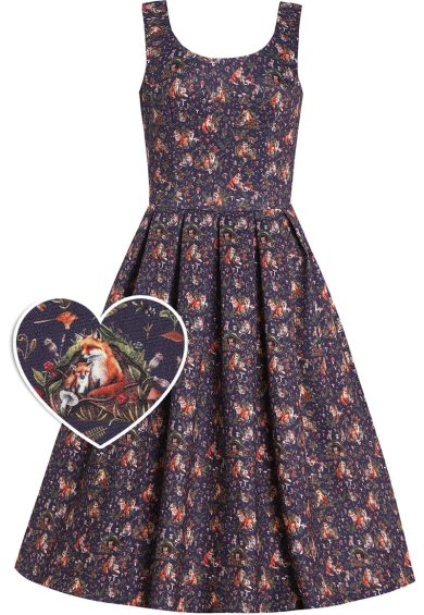 Amanda Vintage Inspired in Purple Fox & Mushroom Print Swing Dress – Shop now at Kitty Darling