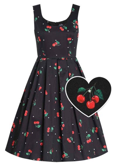 Amanda Cotton Black Scoop Neck Polka Dots/Cherry Print Dress – Shop now at Kitty Darling