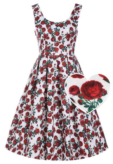 Amanda Cotton White Scoop Neck Red Rose Print Swing Dress – Shop now at Kitty Darling