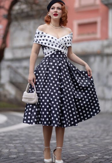 PRE ORDER Beverly Black Cross-Over-Off-Shoulder White Polka Dot Print Midi Dress – Shop now at Kitty Darling