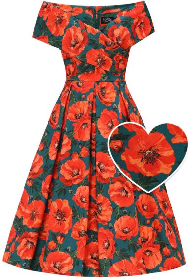 Beverly Green Cross-Over-Off-Shoulder Orange Poppies Midi Dress – Shop now at Kitty Darling