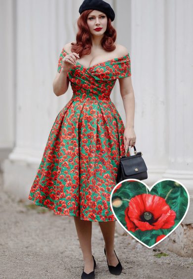 PRE ORDER Beverly Cross-Over-Off-Shoulder Red Poppy Print Midi Dress – Shop now at Kitty Darling