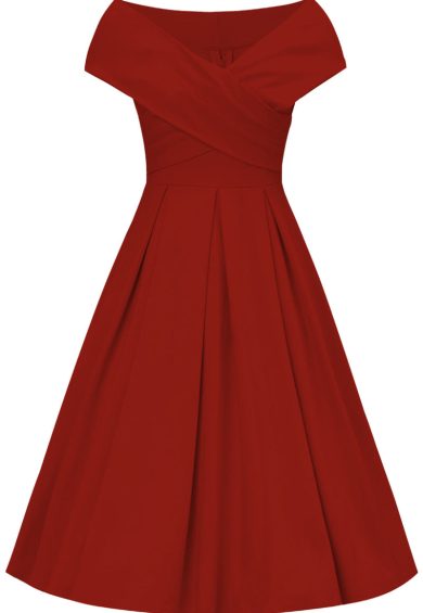 Beverly Red Midi Cross-Over Off-Shoulder Dress – Shop now at Kitty Darling