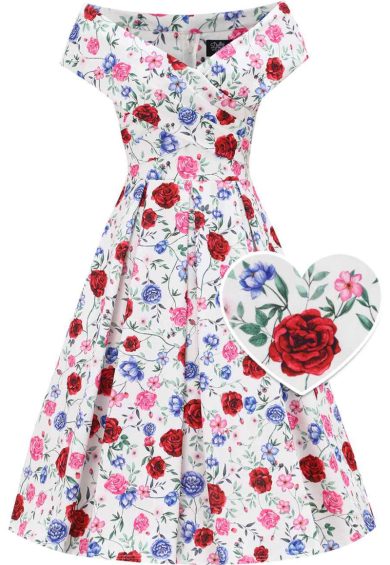 Beverly White Cross-Over-Off-Shoulder Multi-Rose Print Midi Dress – Shop now at Kitty Darling