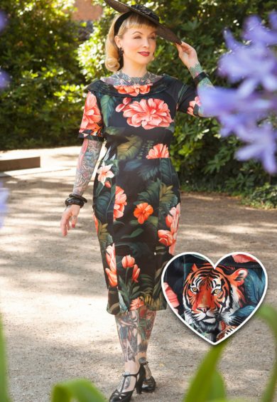 Valerie Fitted Off-the-Shoulder Vintage Dress in Black Forest Print – Shop now at Kitty Darling