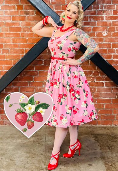 Amanda Vintage-Inspired Strawberry Print Dress in Pink – Shop now at Kitty Darling