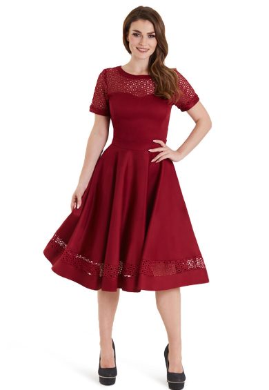 Tess Lace Embroidered Sleeved Dress in Burgundy – Dresses | Kitty Darling