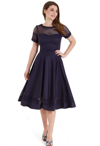 Tess Lace Embroidered Sleeved Dress in Navy Blue – 50s Dresses | Kitty Darling