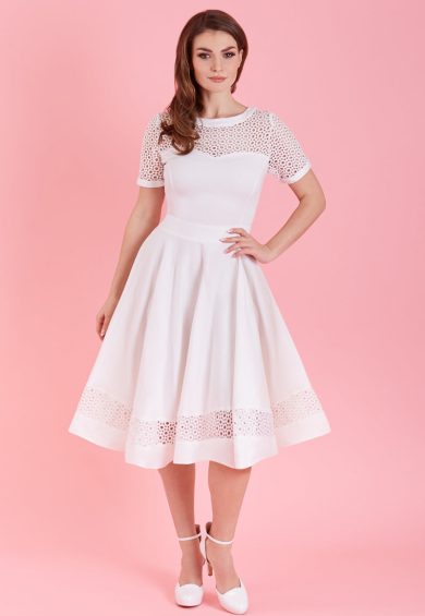 Tess Lace Embroidered Sleeved Dress in White – 50s Dresses | Kitty Darling