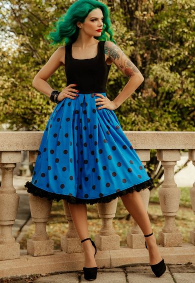 Amanda Blue & Black Polka Dot Flared Dress – Shop now at Kitty Darling