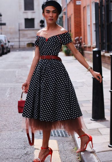 Lily Off Shoulder Swing Dress in Black White Dots with Red Details – Dresses | Kitty Darling