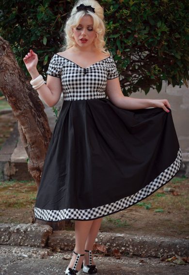 Lily Off Shoulder Black Gingham Swing Dress – Dresses | Kitty Darling