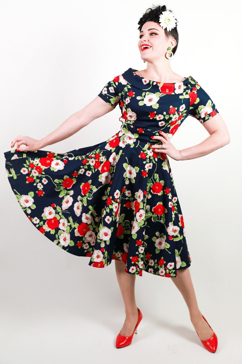 Darlene Retro Navy Floral Swing Dress  Shop now at Kitty Darling
