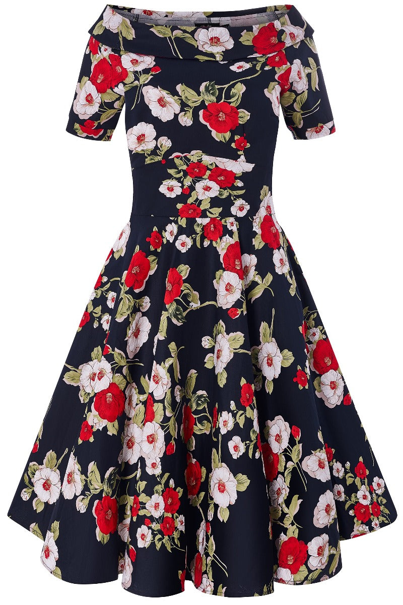 Darlene Retro Navy Floral Swing Dress  Shop now at Kitty Darling
