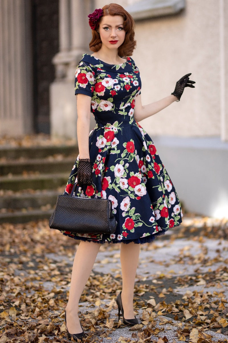 Darlene Retro Navy Floral Swing Dress  Shop now at Kitty Darling