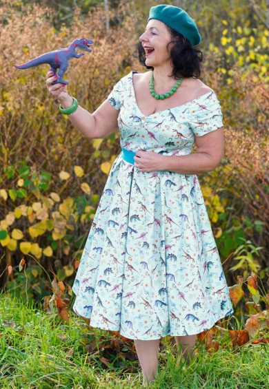 Lily Retro Off Shoulder in Light Green & Dino Print Swing Dress – Dresses | Kitty Darling