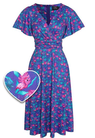 Donna Purple Flamingo Crossover Bust Tea Dress – Shop now at Kitty Darling