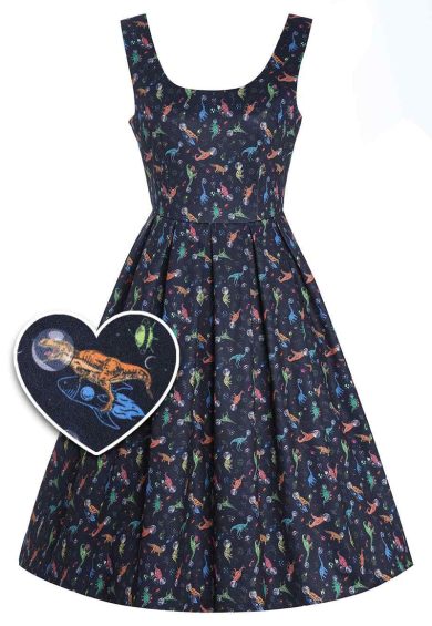 Amanda Dinosaur In Space Flared Dress – Shop now at Kitty Darling
