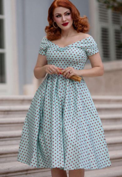 Lily Baby Blue Off-Shoulder Dress with Red Polka Dots – Dresses | Kitty Darling