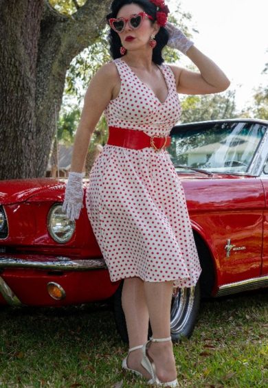 May V Neck White and Red Polka Dot Dress – Shop now at Kitty Darling