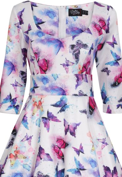 Scarlette Sweetheart Neckline Long-sleeved Stretchy Dress In White & Colourful Butterflies – Dresses | Kitty Darling