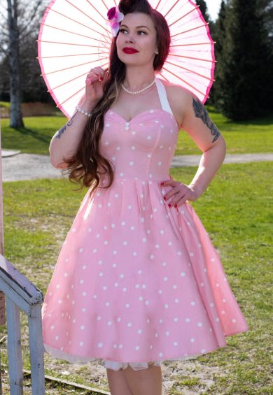 Sophia Rockabilly Halter Neck Swing Dress in Light Pink – Shop now at Kitty Darling