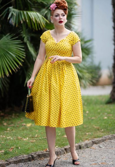 Lily Yellow Polka Dot Off Shoulder Dress – Shop now at Kitty Darling