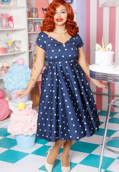 Lily Navy Blue Polka Dot Off Shoulder Circle Dress – Dresses | Kitty Darling