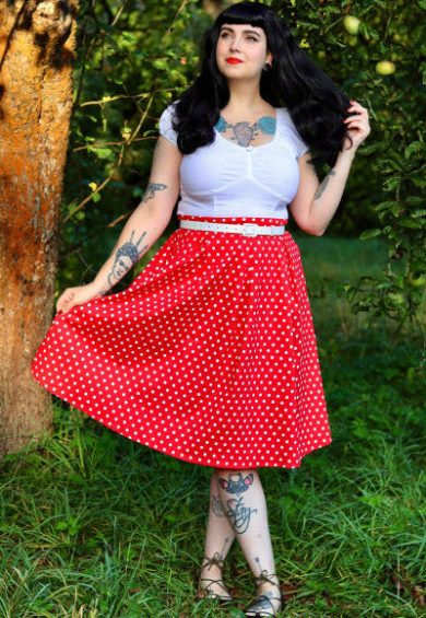 Rochelle High Waist Full Circle Polka Dot Skirt in Red – Shop now at Kitty Darling