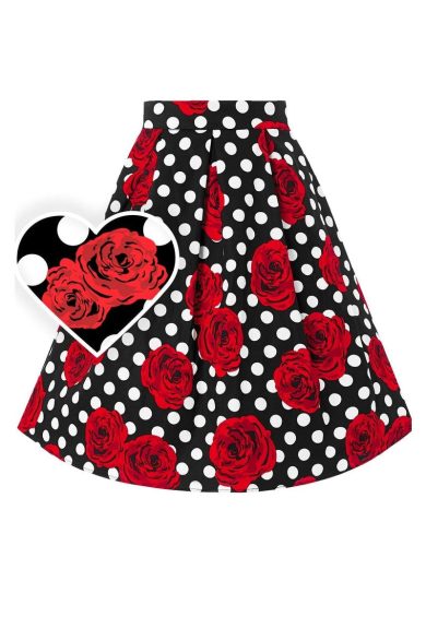 Carolyn Box Pleat Skirt In Scuba Knit Fabric In White Polka Dot & Red Rose In Black – Skirt | Kitty Darling