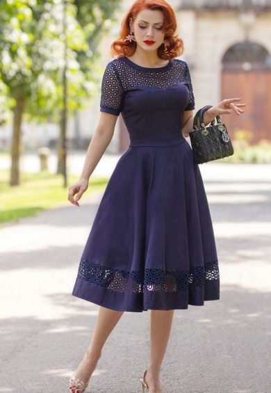 Tess Lace Embroidered Sleeved Dress in Navy Blue – Shop now at Kitty Darling