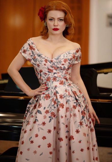 Beverly Pink Cross-Over-Off-Shoulder Grey Falling Flower Print Midi Dress – Dresses | Kitty Darling