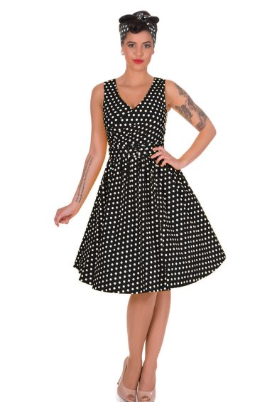May V-neck 50s Style Swing Dress in Black Polka Dot – Dresses | Kitty Darling