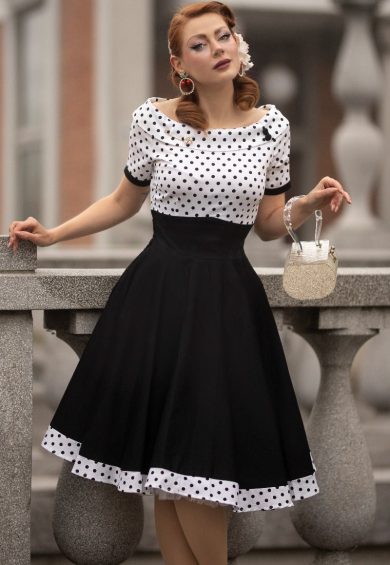 Darlene Retro Swing Dress in White/Black Polka – Shop now at Kitty Darling