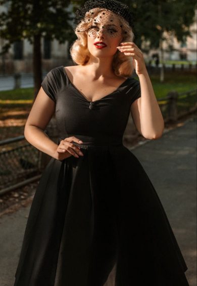 Lily Off Shoulder 50s Inspired Evening Dress in Black – Shop now at Kitty Darling