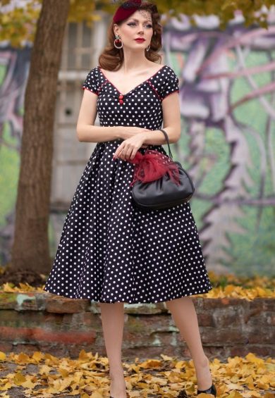 Lily Off Shoulder Swing Dress in Black White Dots with Red Details – Shop now at Kitty Darling