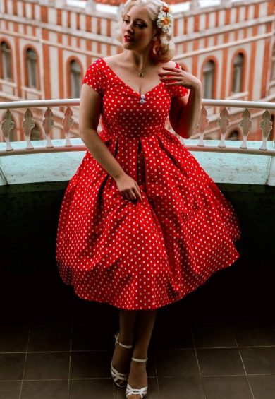 Lily Red Polka Off Shoulder Swing Dress – Shop now at Kitty Darling