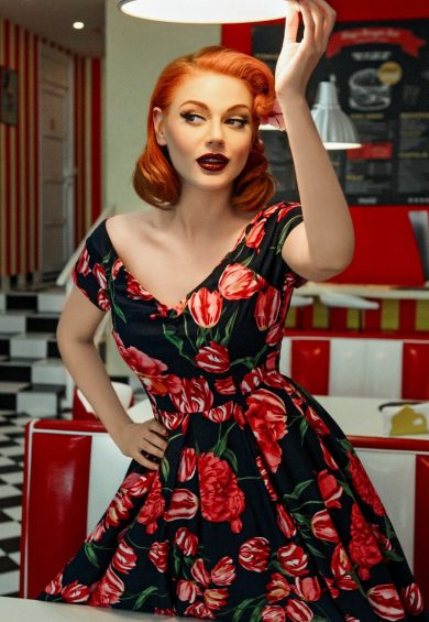 Lily Off Shoulder Swing Dress in Navy Tulip – Shop now at Kitty Darling