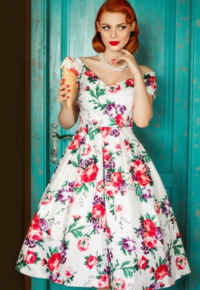 Lily Off Shoulder Swing Dress in White Floral – Shop now at Kitty Darling