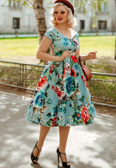 Lily Off Shoulder Swing Dress in Blue Floral – Shop now at Kitty Darling