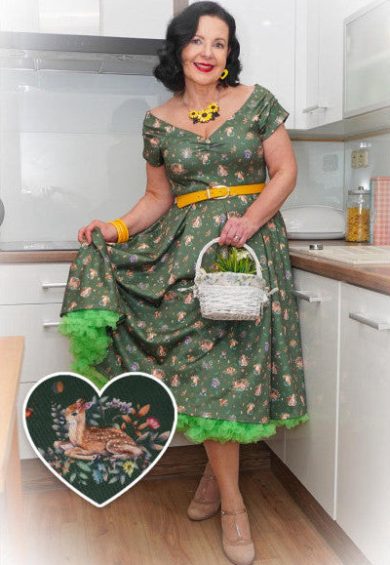 Lily Retro Off Shoulder in Dark Green & Forrest Animals Swing Dress – Shop now at Kitty Darling