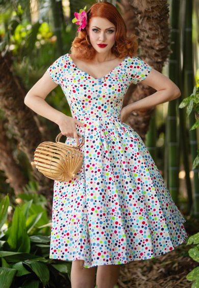 Lily Colourful Polka Dot Off Shoulder Dress – Dresses | Kitty Darling