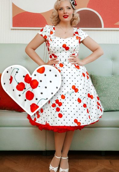 Claudia Cherry & Polka Dot Swing Dress – Shop now at Kitty Darling