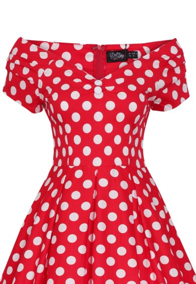 Lily Off The Shoulder Polka Dot Evening Dress Red & White – Dresses | Kitty Darling