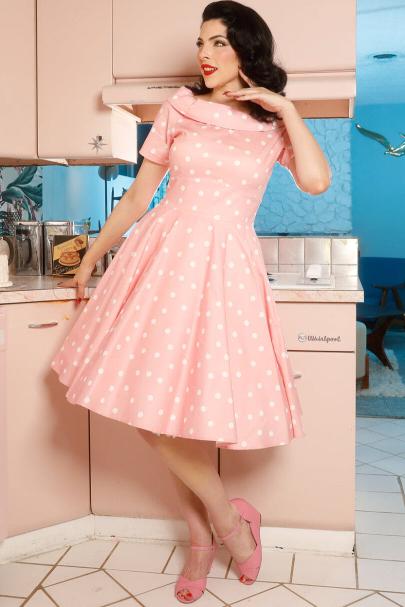 Darlene White Polka Dot Dress In Baby Pink  Shop now at Kitty Darling