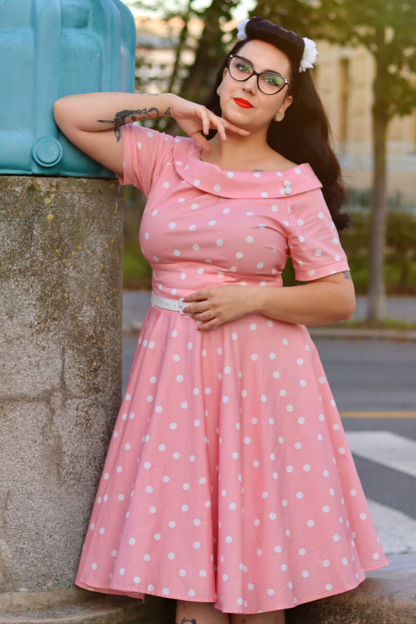 Darlene White Polka Dot Dress In Baby Pink  Shop now at Kitty Darling
