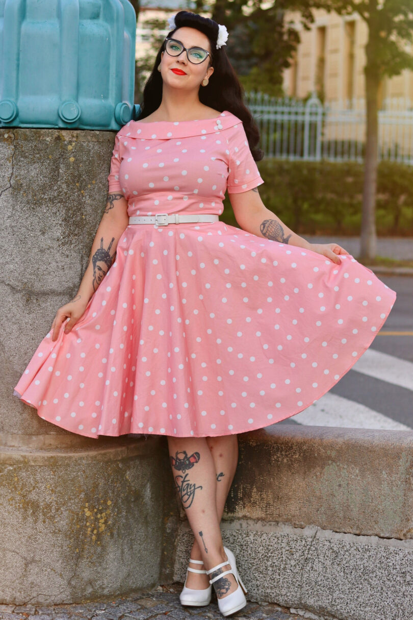 Darlene White Polka Dot Dress In Baby Pink  Shop now at Kitty Darling